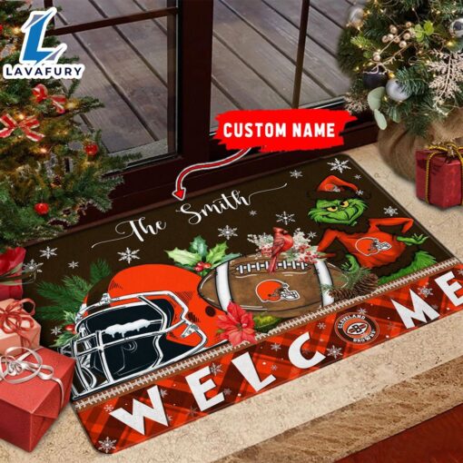 NFL Cleveland Browns Grinch Christmas Welcome  Football Doormat Custom Name
