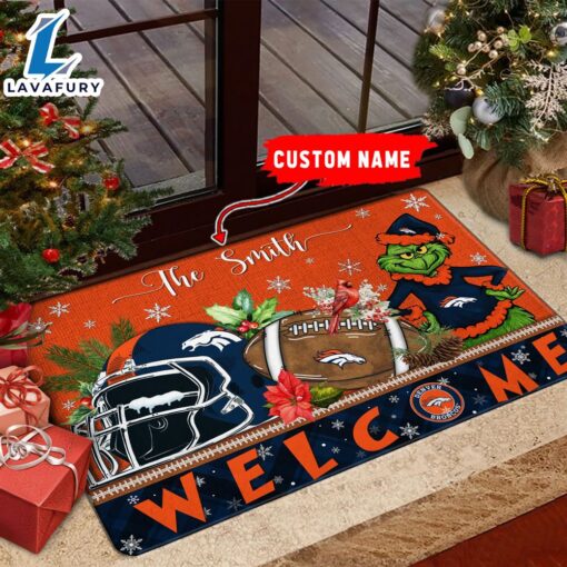 NFL Denver Broncos Grinch Christmas Welcome  Football Doormat Custom Name