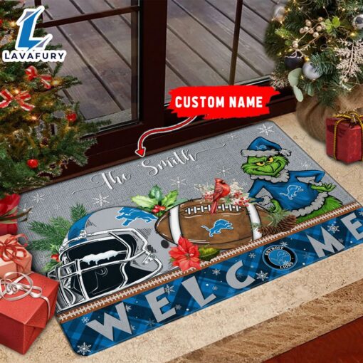NFL Detroit Lions Grinch Christmas Welcome  Football Doormat Custom Name