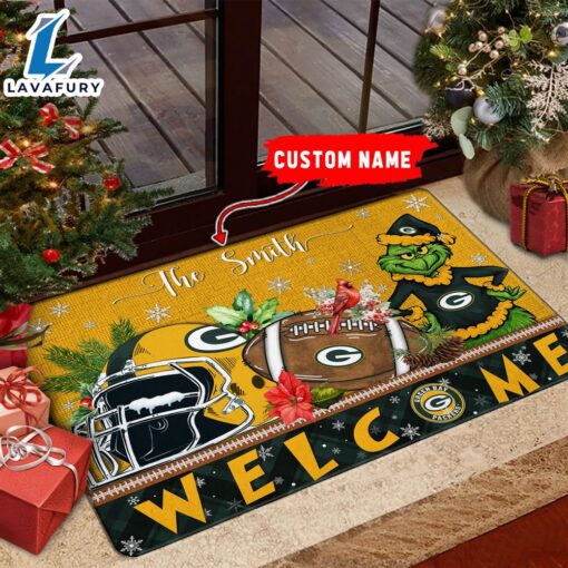 NFL Green Bay Packers Grinch Christmas Welcome  Football Doormat Custom Name