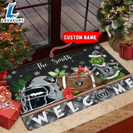 NFL Las Vegas Raiders Grinch Christmas Welcome  Football Doormat Custom Name
