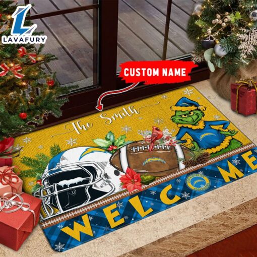 NFL Los Angeles Chargers Grinch Christmas Welcome  Football Doormat Custom Name