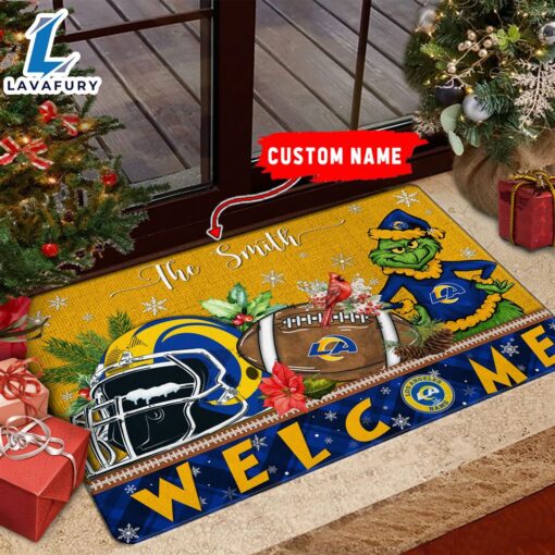 NFL Los Angeles Rams Grinch Christmas Welcome  Football Doormat Custom Name