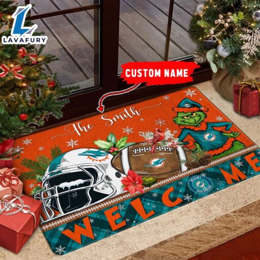 NFL Miami Dolphins Grinch Christmas Welcome  Football Doormat Custom Name