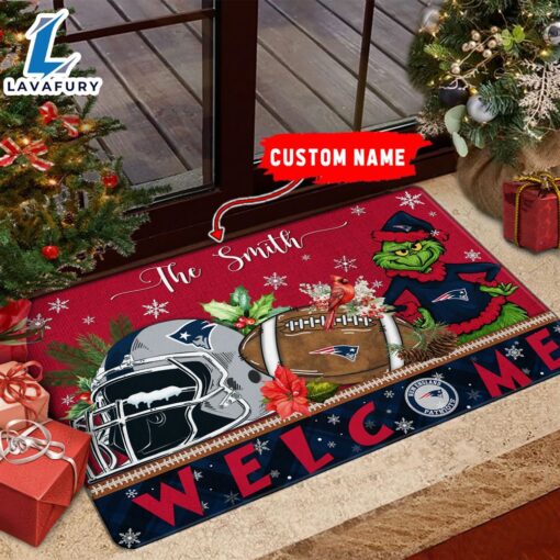 NFL New England Patriots Grinch Christmas Welcome  Football Doormat Custom Name