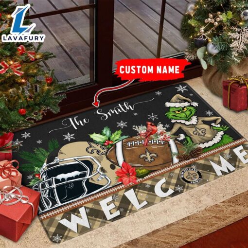 NFL New Orleans Saints Grinch Christmas Welcome  Football Doormat Custom Name