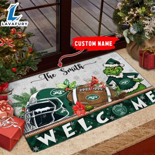 NFL New York Jets Grinch Christmas Welcome  Football Doormat Custom Name