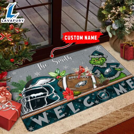 NFL Philadelphia Eagles Grinch Christmas Welcome  Football Doormat Custom Name