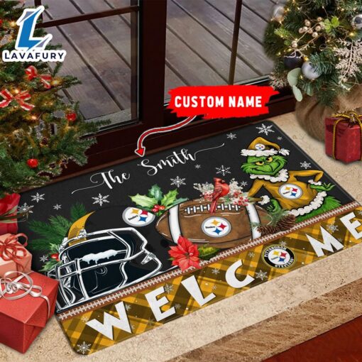 NFL Pittsburgh Steelers Grinch Christmas Welcome  Football Doormat Custom Name