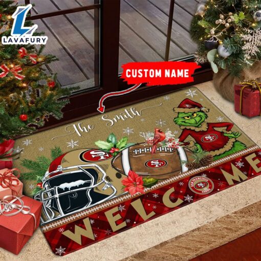 NFL San Francisco 49ers Grinch Christmas Welcome  Football Doormat Custom Name