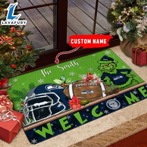 NFL Seattle seahawks Grinch Christmas Welcome  Football Doormat Custom Name