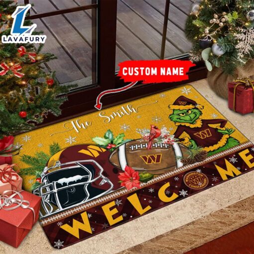 NFL Washington Commanders Grinch Christmas Welcome  Football Doormat Custom Name