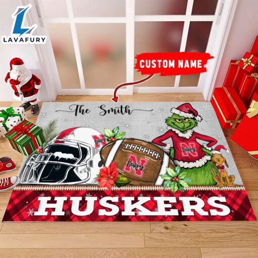 NCAA Nebraska Cornhuskers Grinch And Max Christmas Welcome Football Doormat – Custom Name