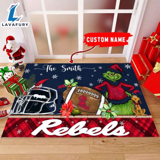 NCAA Ole Miss Rebels Grinch And Max Christmas Welcome Football Doormat – Custom Name