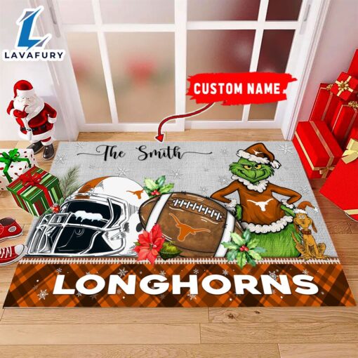 NCAA Texas Longhorns Grinch And Max Christmas Welcome Football Doormat – Custom Name