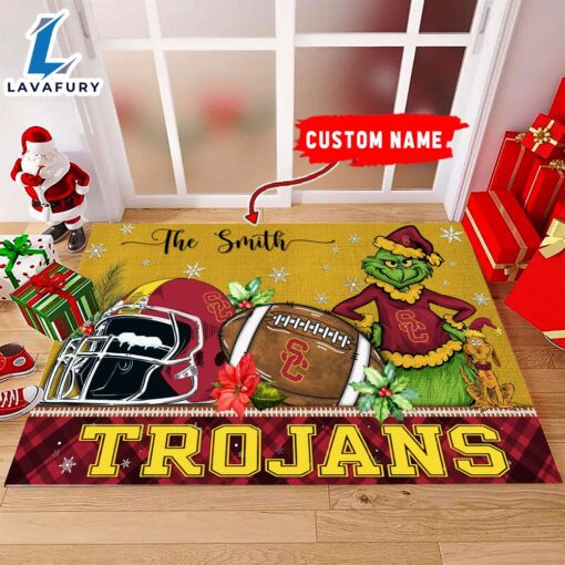 NCAA USC Trojans Grinch And Max Christmas Welcome Football Doormat – Custom Name