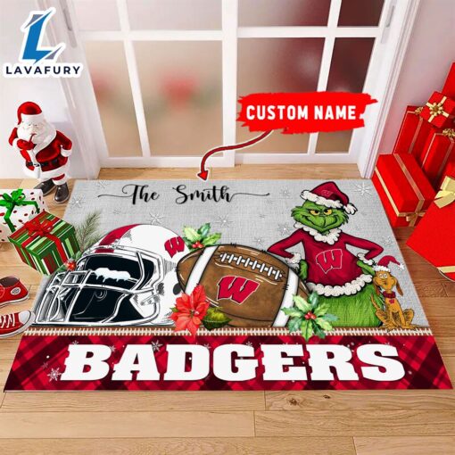 NCAA Wisconsin Badgers Grinch And Max Christmas Welcome Football Doormat – Custom Name