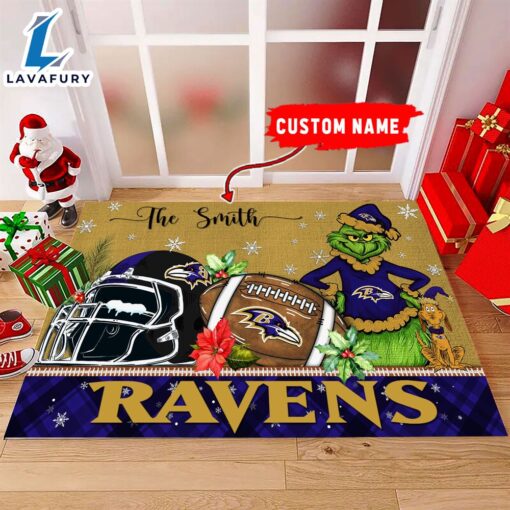 NFL Baltimore Ravens Grinch And Max Christmas Welcome Football Doormat – Custom Name