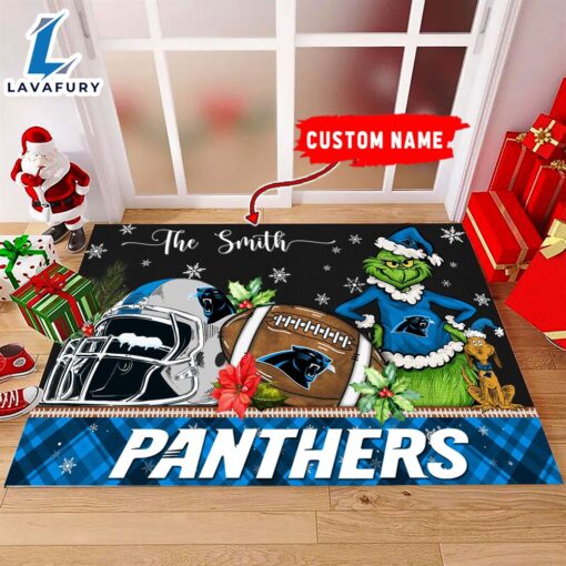 NFL Carolina Panthers Grinch And Max Christmas Welcome Football Doormat – Custom Name