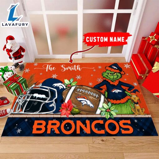 NFL Denver Broncos Grinch And Max Christmas Welcome Football Doormat – Custom Name