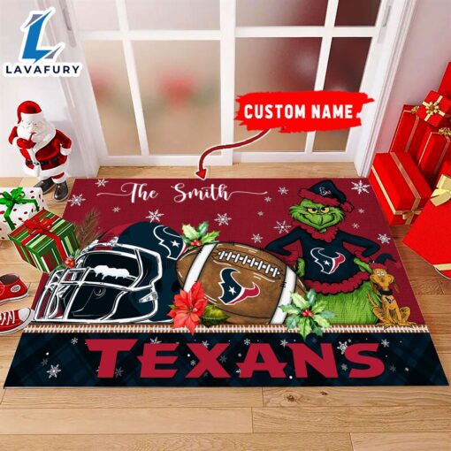 NFL Houston Texans Grinch And Max Christmas Welcome Football Doormat – Custom Name