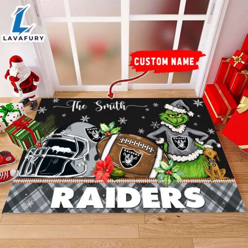 NFL Las Vegas Raiders Grinch And Max Christmas Welcome Football Doormat – Custom Name