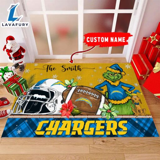 NFL Los Angeles Chargers Grinch And Max Christmas Welcome Football Doormat – Custom Name