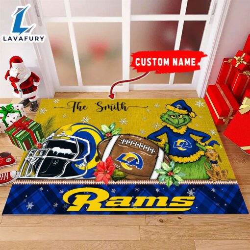 NFL Los Angeles Rams Grinch And Max Christmas Welcome Football Doormat – Custom Name