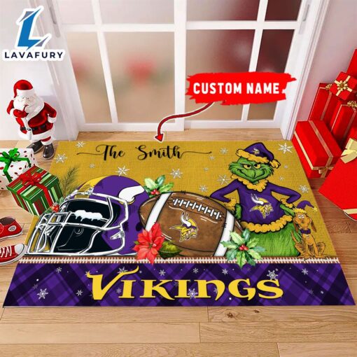 NFL Minnesota Vikings Grinch And Max Christmas Welcome Football Doormat – Custom Name