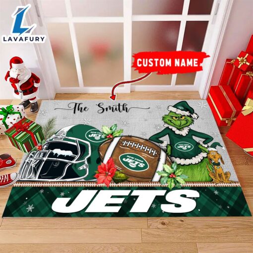 NFL New York Jets Grinch And Max Christmas Welcome Football Doormat – Custom Name