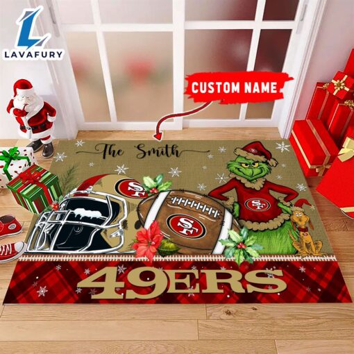 NFL San Francisco 49ers Grinch And Max Christmas Welcome Football Doormat – Custom Name