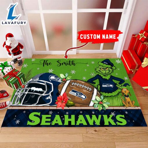 NFL Seattle seahawks Grinch And Max Christmas Welcome Football Doormat – Custom Name