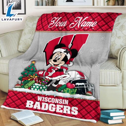 Custom Name NCAA Wisconsin Badgers Minnie Christmas Fleece Blanket