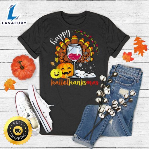 Happy Hallothankmas Wine Glasses Halloween Costume Turkey T-Shirt