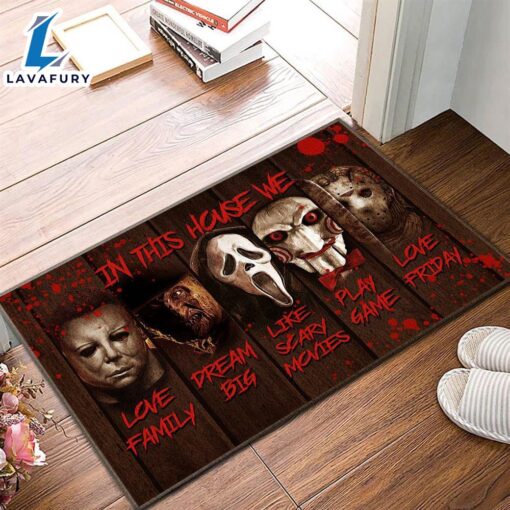 Horror Chracters Halloween Personalized In This House We Love Family Doormat