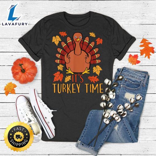 It’s Turkey Time Thanksgiving Shirt for Women Falling Leaf T-Shirt