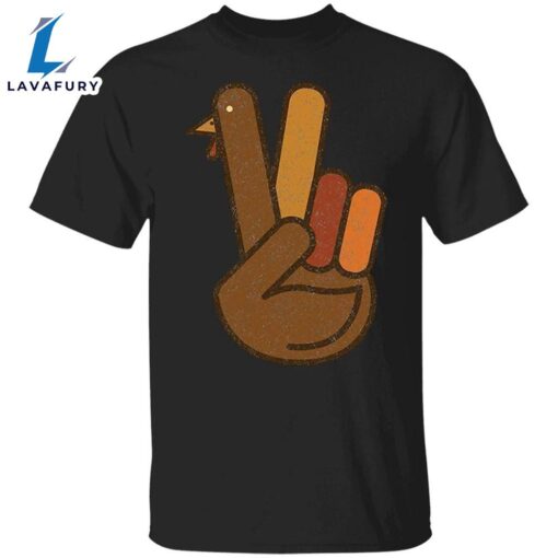 Turkey Peace Sign Hand T-Shirt Thanksgiving V Sign Hand Basic Graphic Tees Gifts For Friends