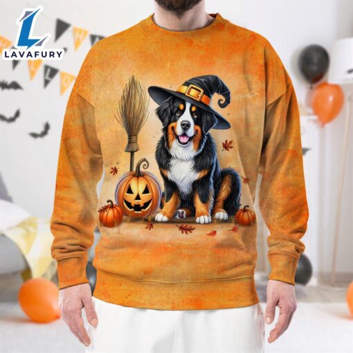 Bernese Mountain Dog In Spooky Autumn Halloween 3D Shirt