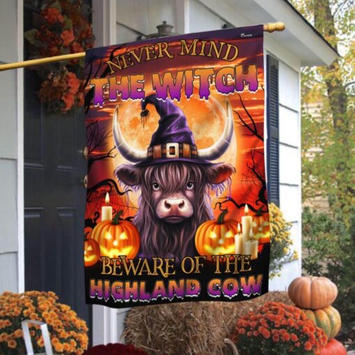 Beware Of The Highland Cow Halloween Pumpkin Flag, Halloween Garden Flags