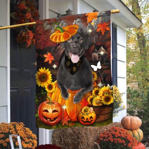 Black Labrador Pumpkin Happy Fall Y’all Flag, Halloween Garden Flags