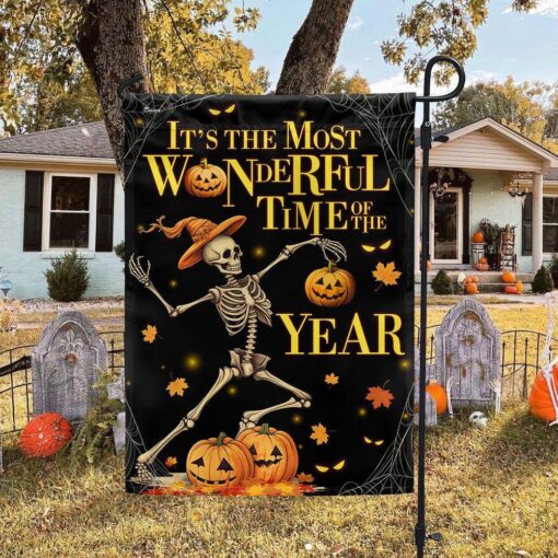 Halloween Skeleton Dancing Pumpkins It’s The Most Wonderful Time Of The Year Flag, Halloween Garden Flags