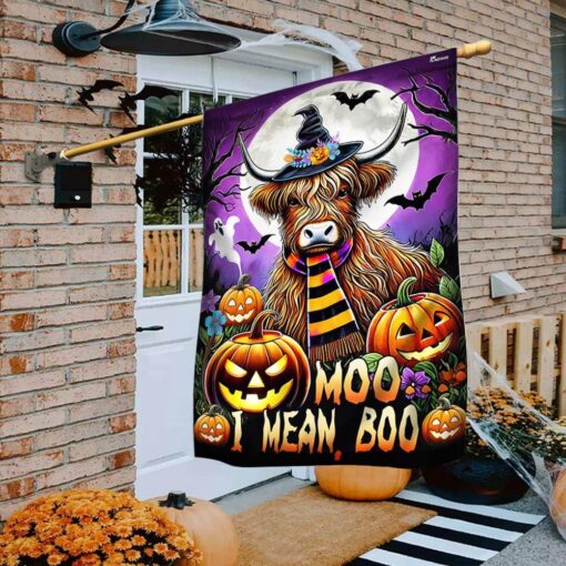 Highland Cow Halloween Moo I Mean Boo Flag, Halloween Garden Flags