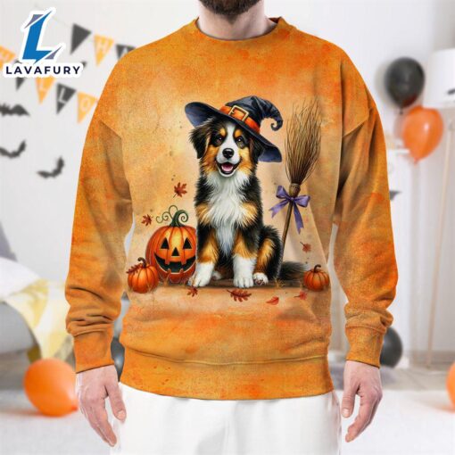 Miniature American Shepherd Dog In Spooky Autumn Halloween 3D Shirt