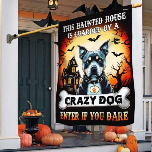 Pit Bull Halloween This Haunted House Is Guarded By A Crazy Dog Enter Flag, Halloween Garden Flags