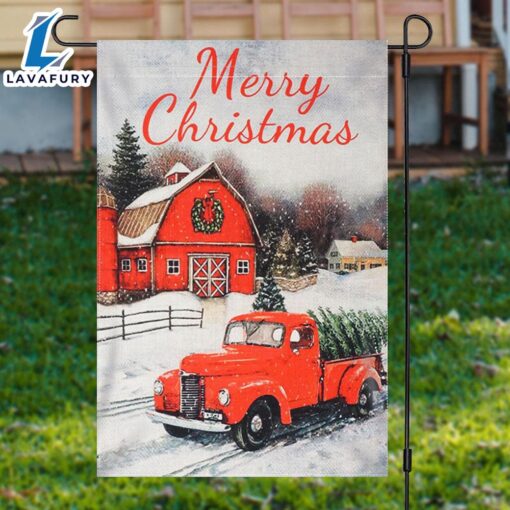 Merry Christmas  Red House Truck Snowy Merry Christmas Garden FlagXmas, Garden Flags, Outdoor Xmas Flags