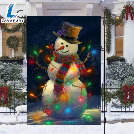 Merry Christmas  Snowman Surrounded By String Lights Christmas Garden Flag