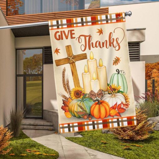 Thanksgiving Fall Flag Give Thanks Jesus Christ Cross Pumpkins Thanksgiving Flag, Halloween Garden Flags