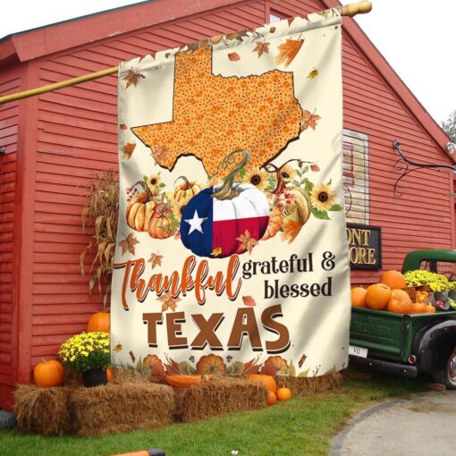 Thanksgiving Texas Flag Thankful Grateful And Blessed Pumpkin Fall Halloween Flag, Halloween Garden Flags