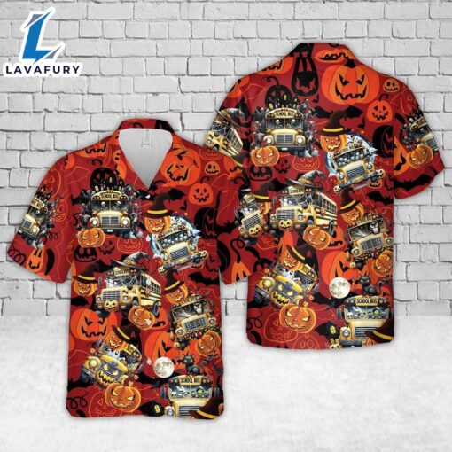 Veteran Halloween, Halloween School Bus Hawaiian Shirt