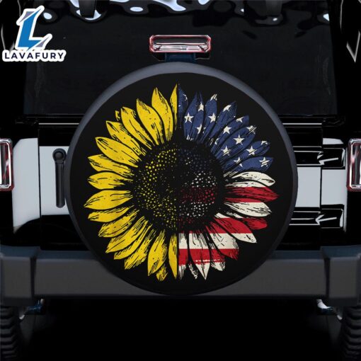 American Flag With Art Sunflower Car Spare Tire Cover Gift For Campers